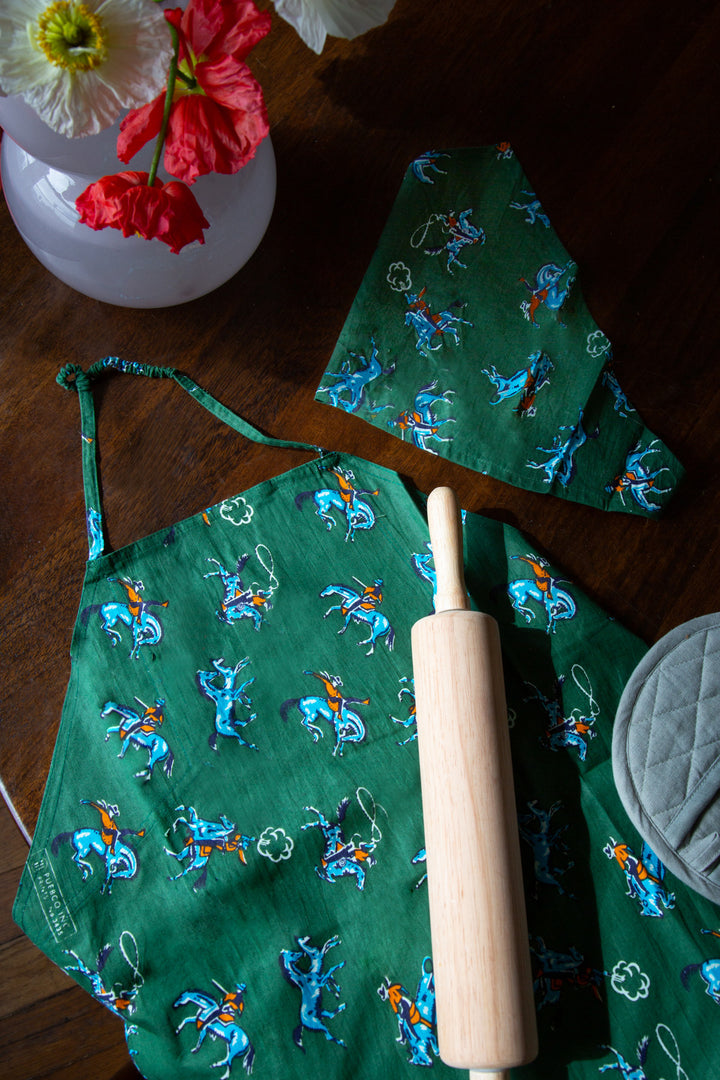 Hand Printed Cowboy Kids Apron With Kerchief