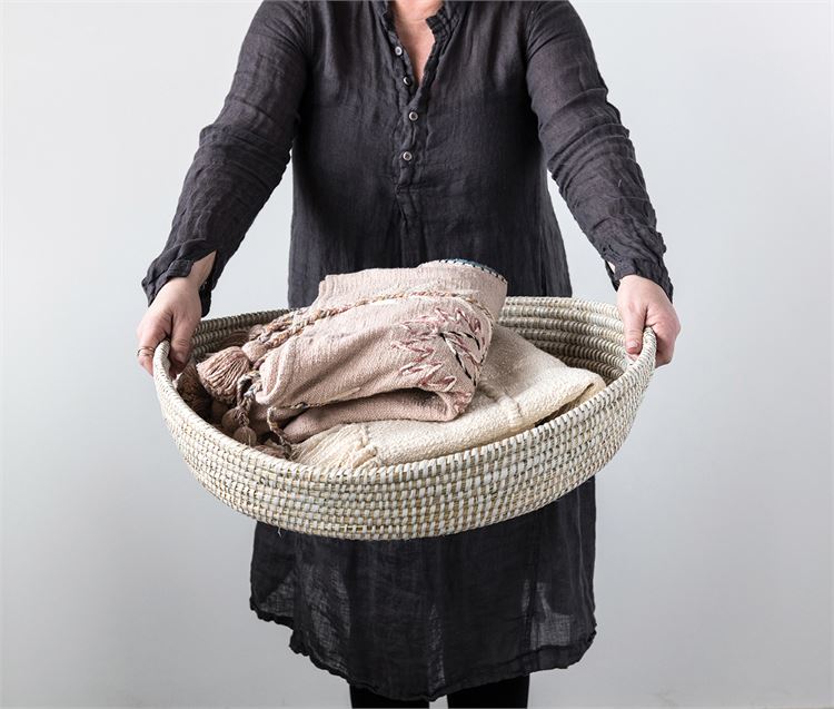 Round Hand Woven Grass Basket With Handles In Natural White By Bd Edition 2