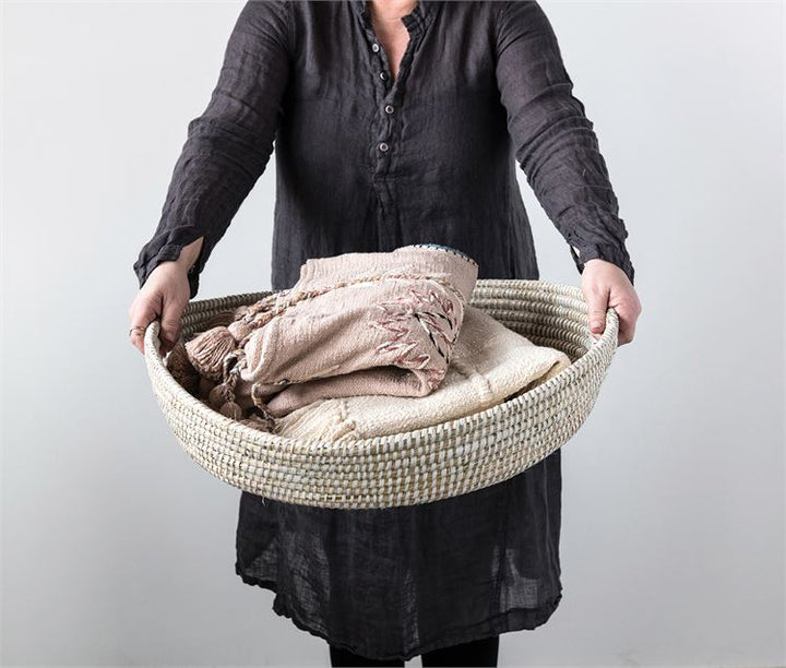 Round Hand Woven Grass Basket With Handles In Natural White By Bd Edition 2