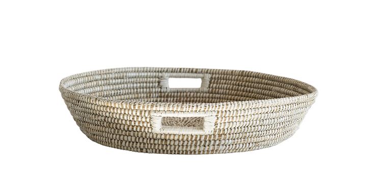 Round Hand Woven Grass Basket With Handles In Natural White By Bd Edition 1
