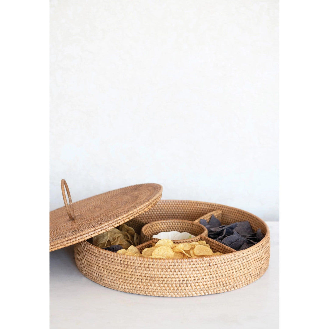 hand woven rattan container with 5 sections and lid 2