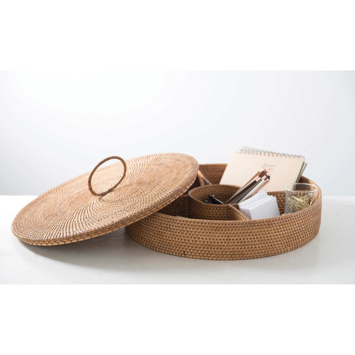 hand woven rattan container with 5 sections and lid 1