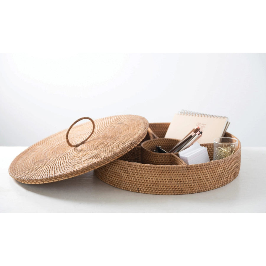 hand woven rattan container with 5 sections and lid 1