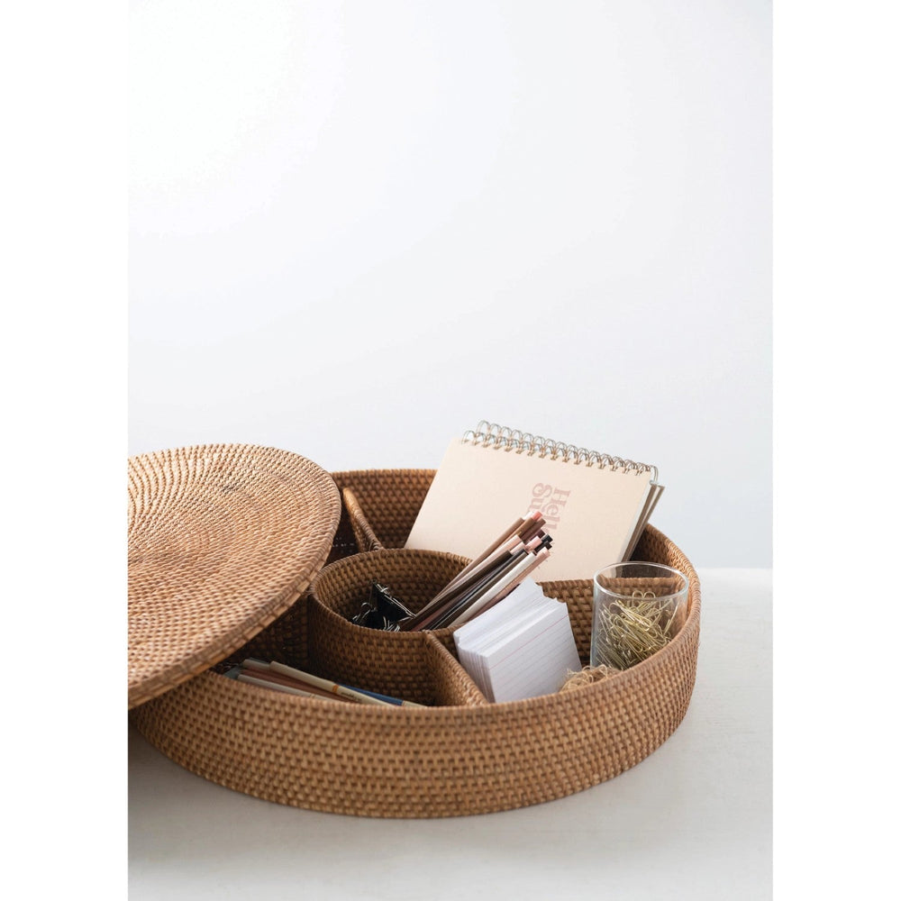 hand woven rattan container with 5 sections and lid 4